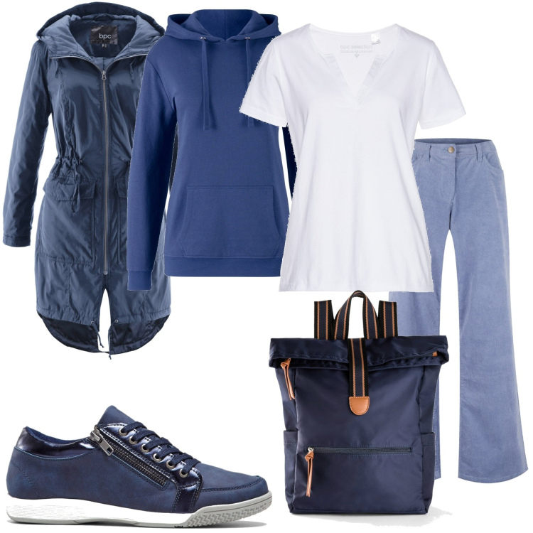 Outfit donna - Domenica in blu. Stile Casual per Tutti i giorni. Abbinamento con felpe con cappuccio, zaini, cappotti, pantaloni, sneakers alte, t-shirt.