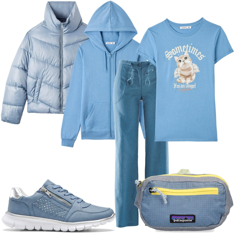 Outfit donna - Domenica in celeste. Stile Casual per Tutti i giorni. Abbinamento con pantaloni a palazzo, sneakers, piumini, felpe con cappuccio, t-shirt, marsupi.