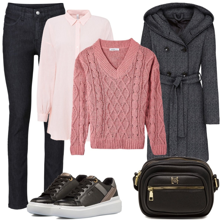 Outfit donna - Il maglione rosa antico. Stile Casual per Tutti i giorni. Abbinamento con jeans skinny, cappotti, camicie, maglieria, sneakers alte, borse a tracolla.