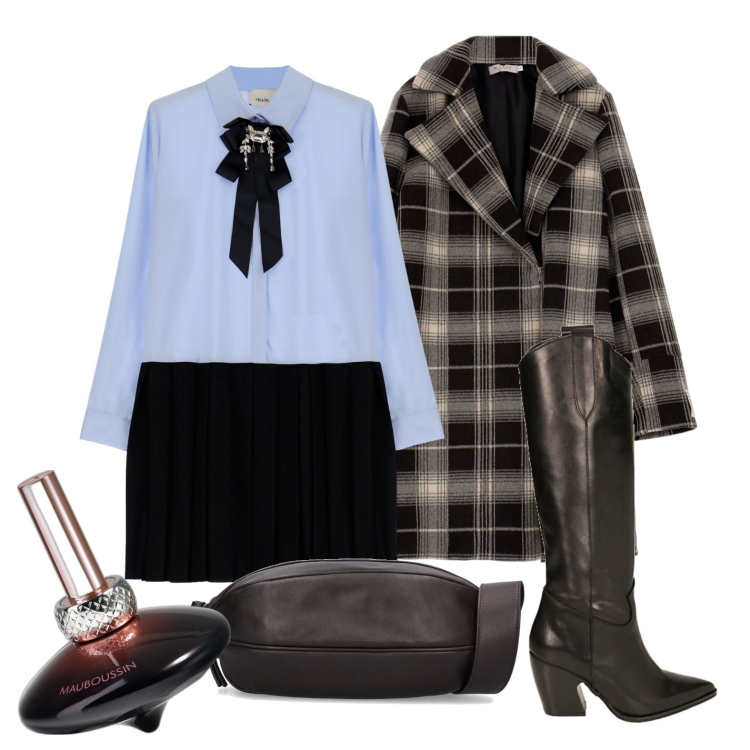 Outfit donna - Ghost outfitter - ottobre. Stile Casual chic per Tutti i giorni. Abbinamento con profumi, cappotti, stivali sopra il ginocchio, vestiti corti, borse a spalla.