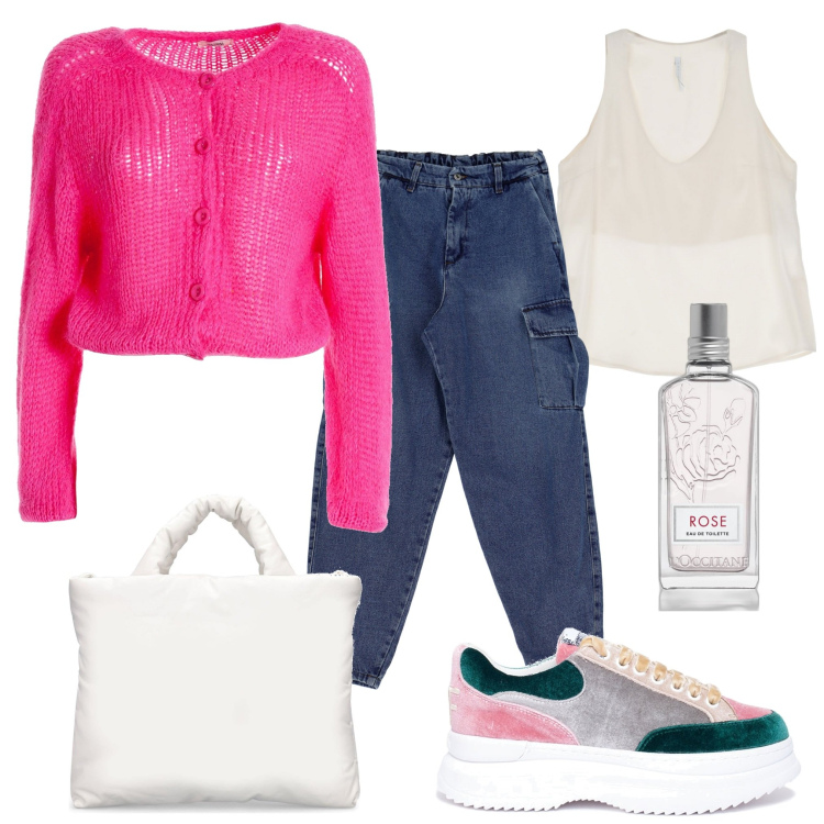 Outfit donna - Total look #1748546. Stile Trendy per Tutti i giorni. Abbinamento con profumi, canottiere, jeans, cardigans, sneakers, shopping bag.