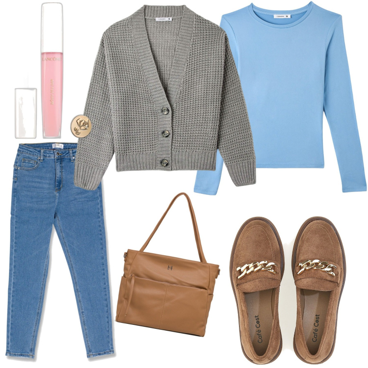 Outfit donna - Serata a casa di amici. Stile Basic per Tutti i giorni. Abbinamento con gloss, t-shirt, cardigans, jeans skinny, borse a tracolla, mocassini.