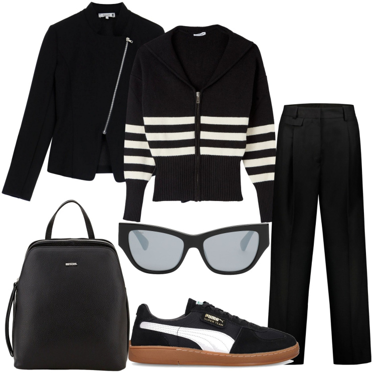Outfit donna - In nero e bianco. Stile Casual per Tutti i giorni. Abbinamento con occhiali da sole, maglieria, cappotti, zaini, pantaloni, sneakers.