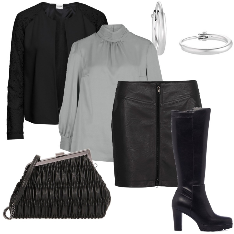 Outfit donna - La mini con la zip. Stile Sexy per Serata fuori. Abbinamento con blazer, minigonne, tuniche, clutch, stivali, orecchini.