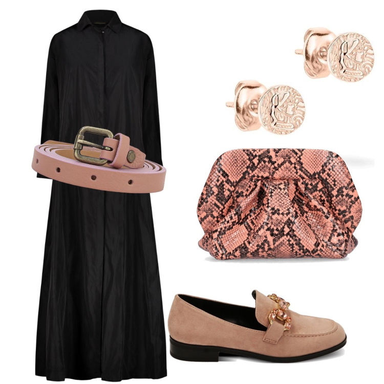 Outfit donna - La pochette pitonata. Stile Trendy per Serata fuori. Abbinamento con mocassini, cinture, vestiti, pochette, orecchini.