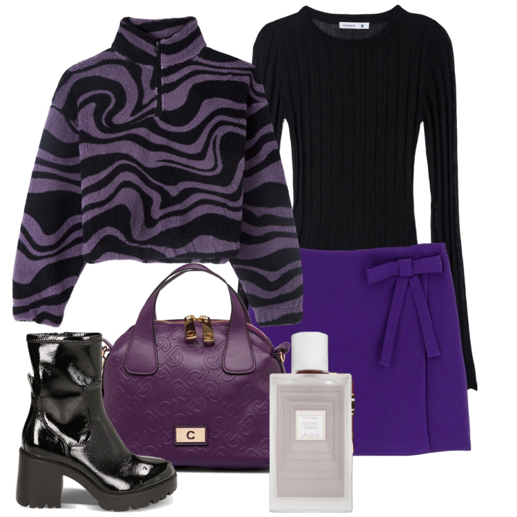 Outfit donna - Onde viola. Stile Urban per Tutti i giorni. Abbinamento con profumi, felpe, maglieria, stivaletti, borse a spalla, minigonne.