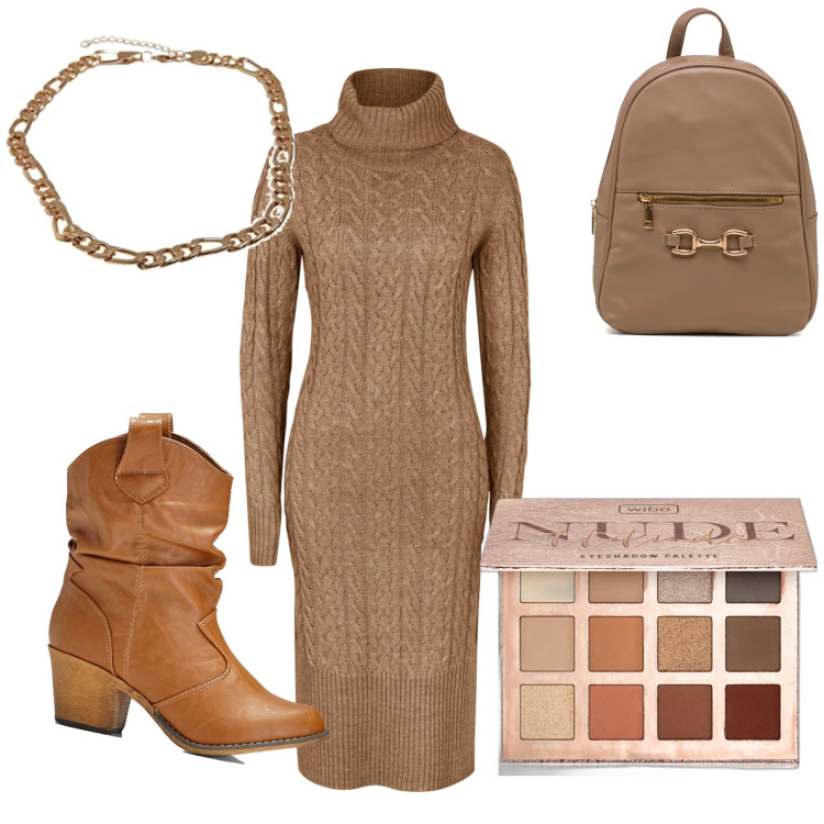 Outfit donna - Nude. Stile Casual chic per Ufficio. Abbinamento con stivaletti texani, vestiti midi/longuette, ombretti, zaini, collane.