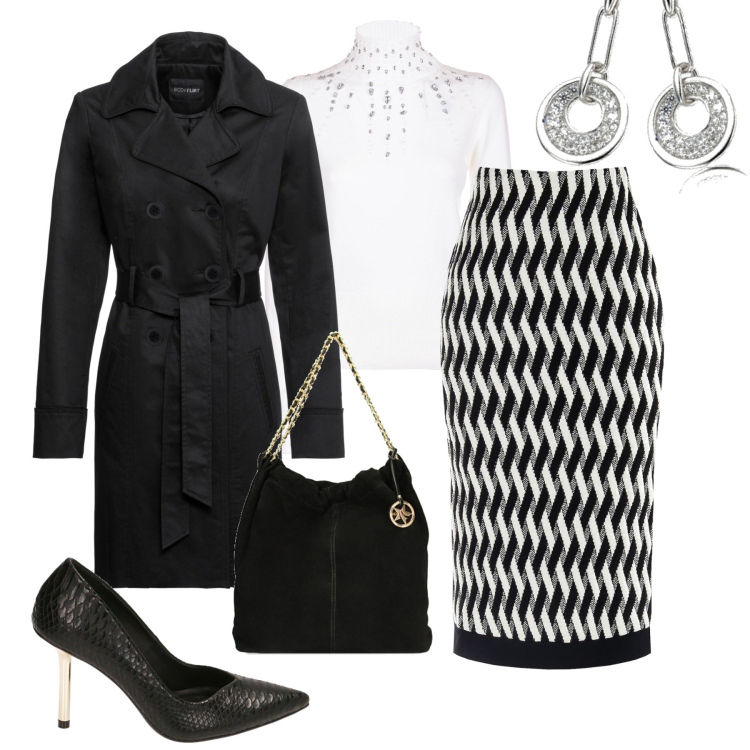 Outfit donna - La gonna Rinascimento. Stile Chic per Tutti i giorni. Abbinamento con trench, gonne, maglieria, décolleté, borse a spalla, orecchini.