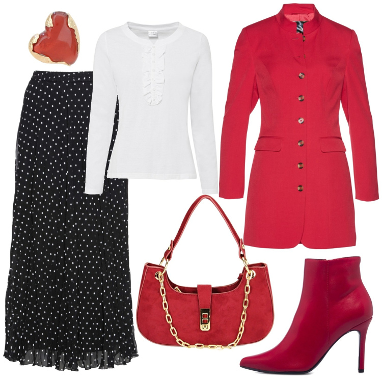 Outfit donna - La gonna lunga, plissé, a pois. Stile Bon Ton per Serata fuori. Abbinamento con gonne, blazer, maglieria, orecchini, borse a spalla, stivaletti.