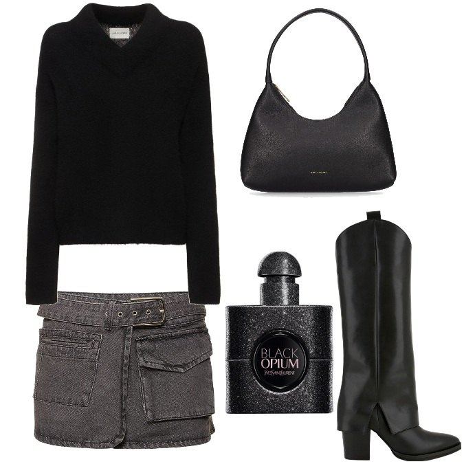 Outfit donna - Total look #1748722. Stile Trendy per Tutti i giorni. Abbinamento con profumi, stivali, borse a spalla, maglieria, minigonne.