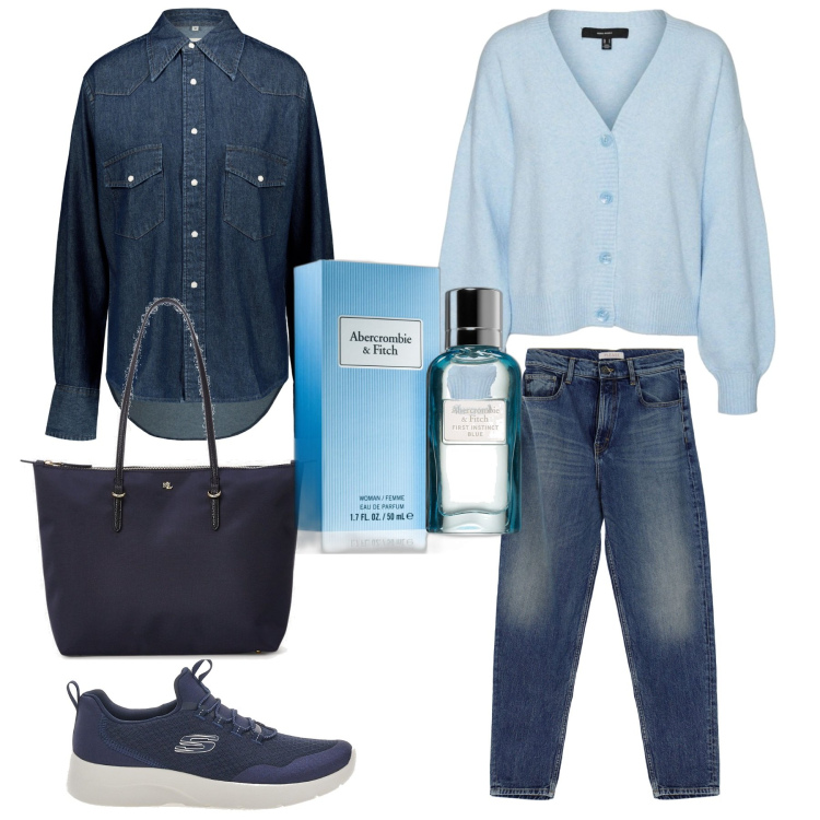 Outfit donna - Semplice in blu e celeste. Stile Basic per Tutti i giorni. Abbinamento con profumi, jeans, borse tote, cardigans, camicie, sneakers.