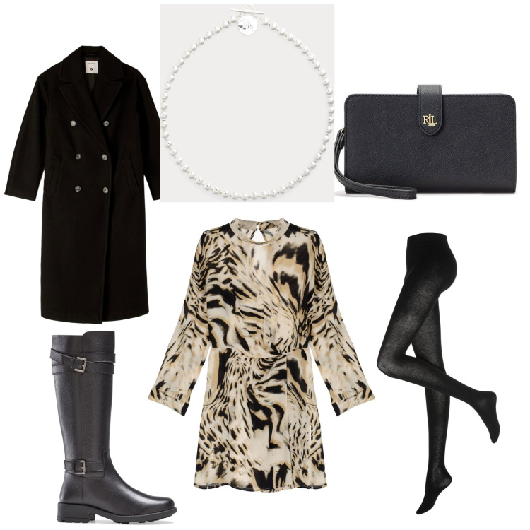 Outfit donna - Total look #1748724. Stile Casual chic per Serata fuori. Abbinamento con stivali, collant, vestiti corti, cappotti, pochette, collane.