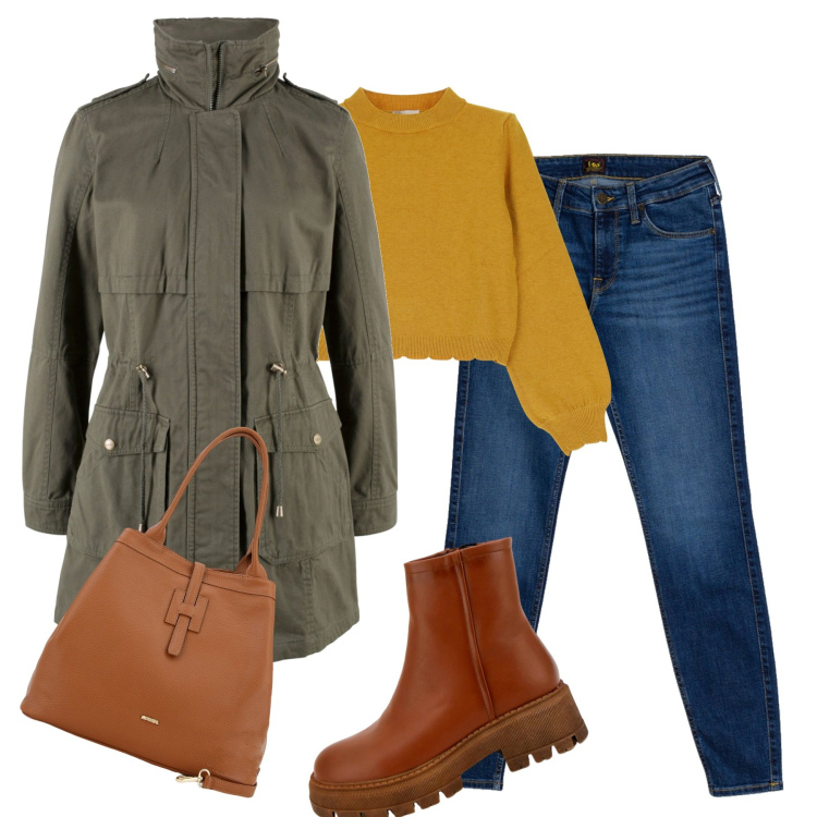 Outfit donna - Ottobre. Stile Basic per Tutti i giorni. Abbinamento con parka, stivaletti, borse a secchiello, pullovers, jeans skinny.