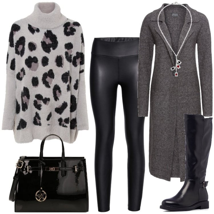 Outfit donna - Total look #1748757. Stile Casual per Tutti i giorni. Abbinamento con leggings, maglieria, cappotti, borse a mano, stivali sopra il ginocchio, ciondoli.