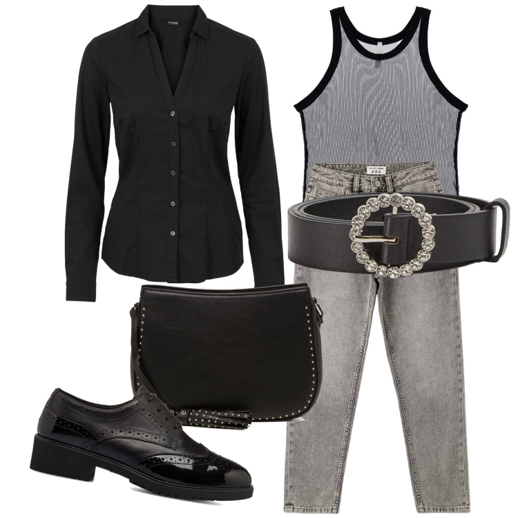 Outfit donna - Total black. Stile Urban per Ufficio. Abbinamento con camicie, cinture, jeans mom, canottiere, scarpe stringate, borse a tracolla.