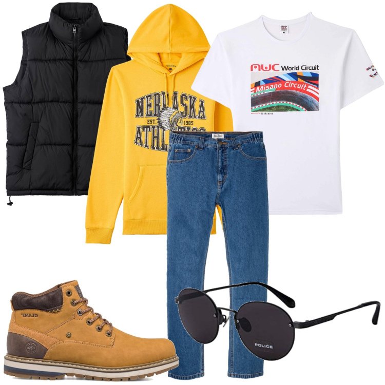 Outfit uomo - Il fine settimana in libertà. Stile Casual per Tutti i giorni. Abbinamento con jeans dritti, t-shirt, felpe con cappuccio, piumini, stivali e stivaletti, occhiali da sole.
