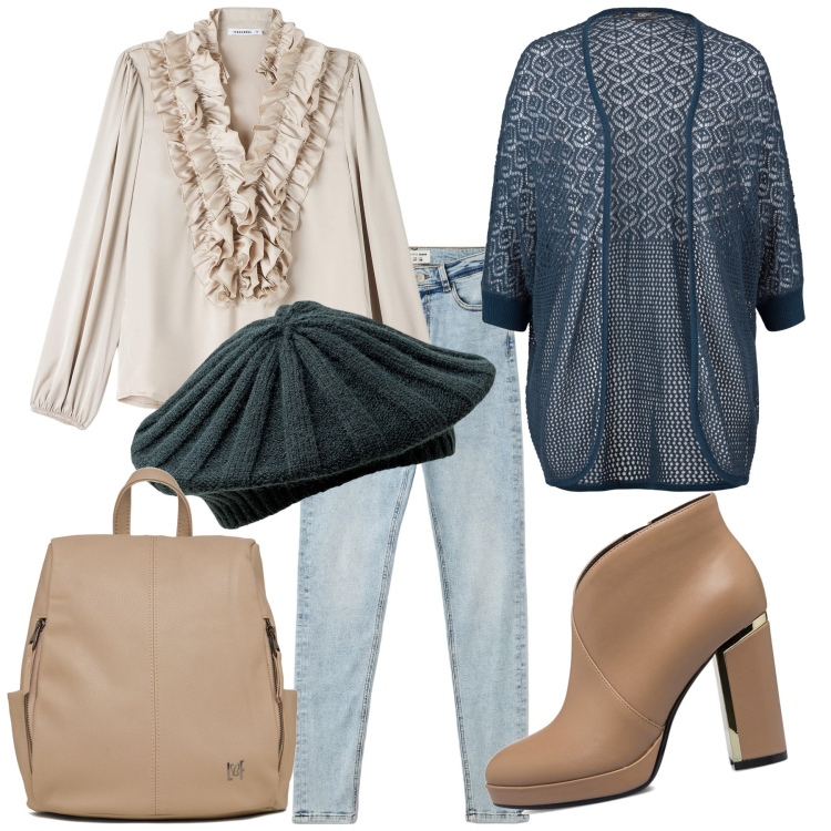 Outfit donna - Un baschetto per l\'autunno. Stile Romantica per Ufficio. Abbinamento con cardigans, camicie, jeans skinny, stivaletti, zaini, cappelli e berretti.