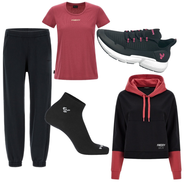 Outfit donna - Jogging by Freddy. Stile Casual per Sport. Abbinamento con calzini, felpe con cappuccio, sneakers, pantaloni, t-shirt.
