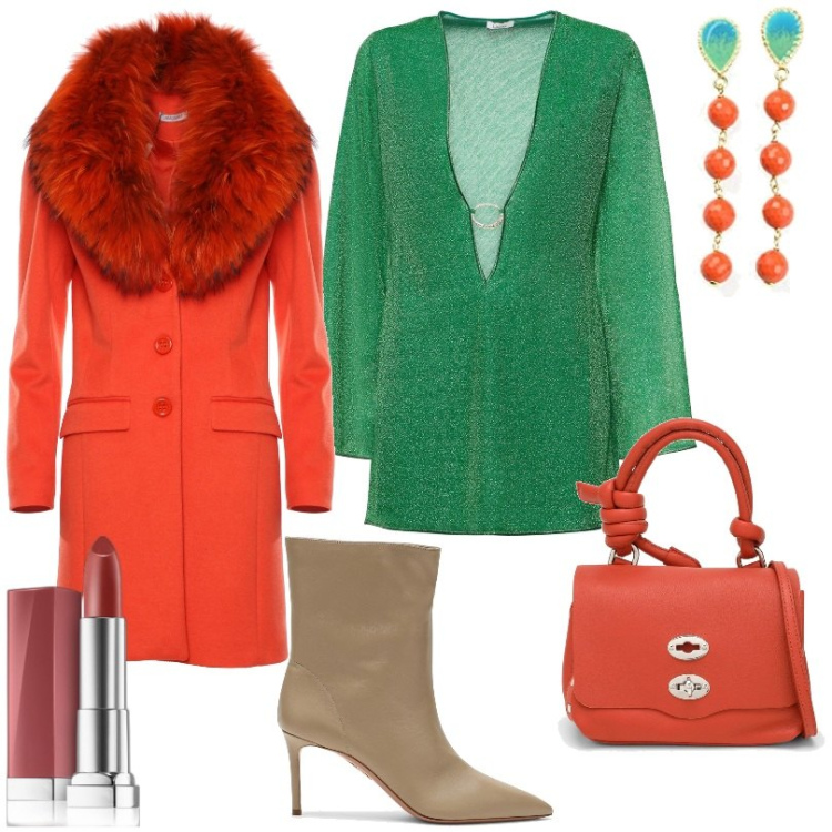 Outfit donna - l\'arancione tipico autunnale. Stile Urban per Serata fuori. Abbinamento con rossetti, cappotti, vestiti, orecchini, stivaletti, borse a mano.