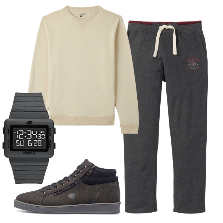 Outfit uomo - Total look #1748868. Stile Casual per Tutti i giorni. Abbinamento con pantaloni, felpe, sneakers alte, orologi digitali.