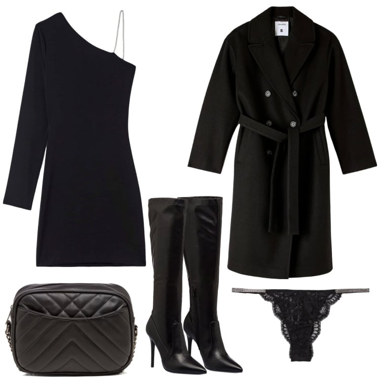 Outfit donna - Speciale Halloween terranova. Stile Sexy per Serata fuori. Abbinamento con vestiti asimmetrici, cappotti, slip, stivali sopra il ginocchio, borse a tracolla.