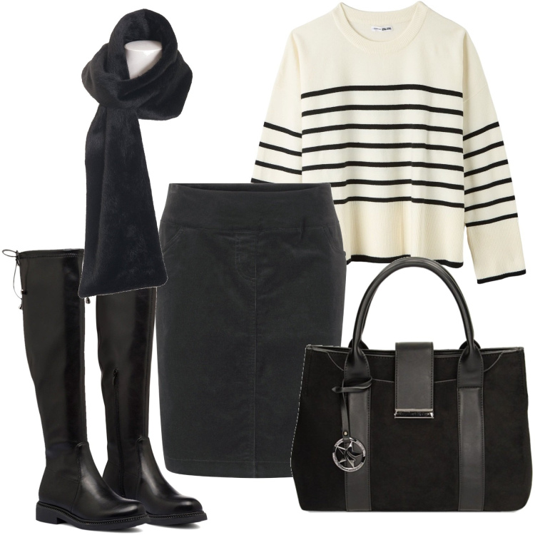 Outfit donna - vado in ufficio. Stile Casual per Ufficio. Abbinamento con gonne, maglieria, foulard, borse a mano, stivali.