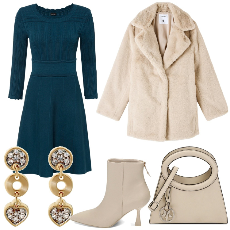 Outfit donna - Vestito in maglia. Stile Chic per Serata fuori. Abbinamento con vestiti, ecopellicce, stivaletti, borse a spalla, orecchini.