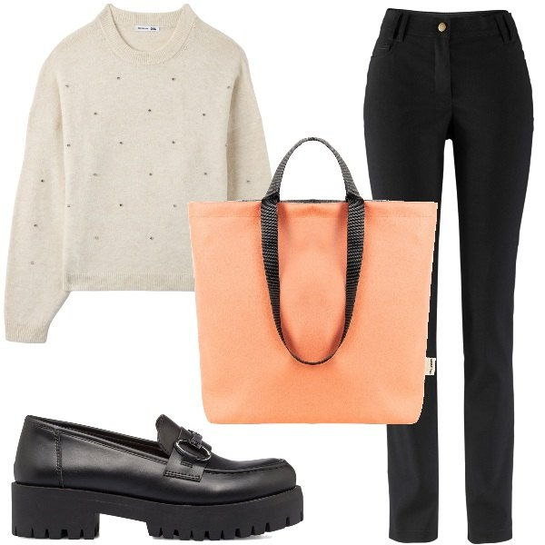 Outfit donna - La borsa di Mary Poppins. Stile Basic per Ufficio. Abbinamento con pantaloni, maglieria, borse tote, mocassini.