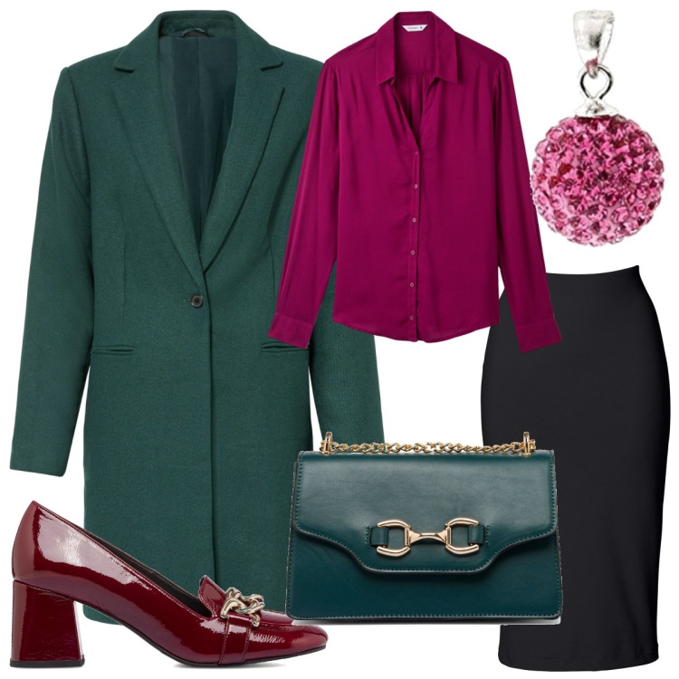 Outfit donna - Sere d\'ottobre. Stile Casual chic per Serata fuori. Abbinamento con gonne longuette, cappotti, camicie, décolleté, borse a tracolla, ciondoli.