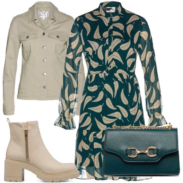Outfit donna - foglie d\'autunno. Stile Casual per Tutti i giorni. Abbinamento con blazer, vestiti, stivaletti, borse a tracolla.