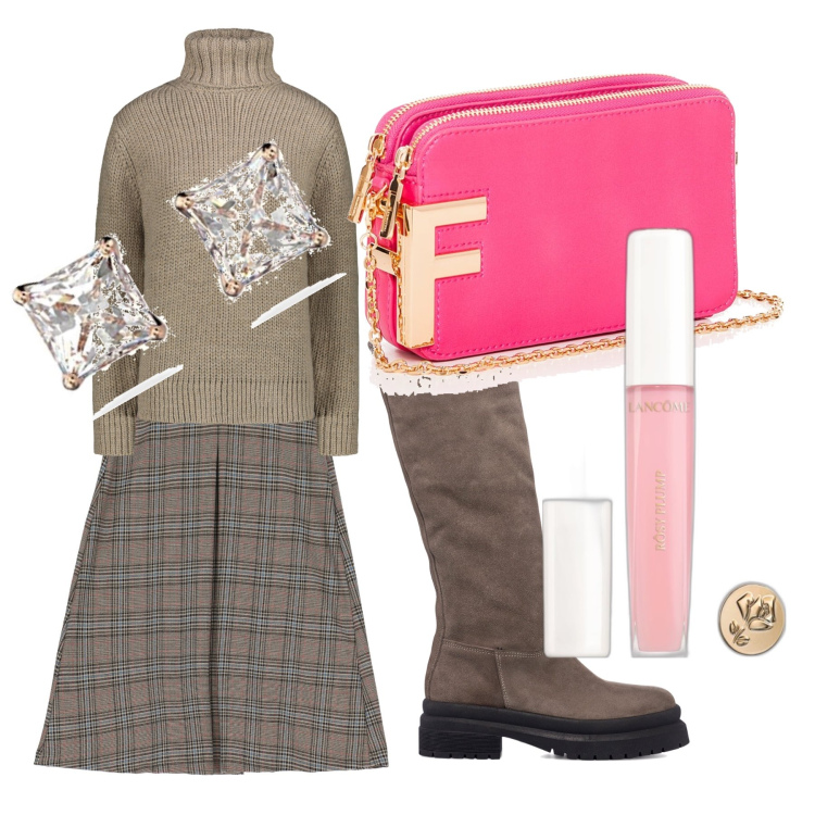 Outfit donna - Lampone d’autunno. Stile Casual per Tutti i giorni. Abbinamento con gloss, pochette, gonne longuette, stivali sopra il ginocchio, orecchini, maglieria.