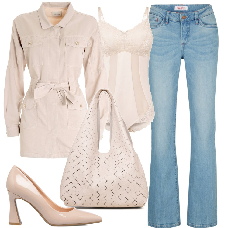 Outfit donna - rosa tenue. Stile Casual per Tutti i giorni. Abbinamento con jeans bootcut, body, blazer, décolleté, borse a spalla.