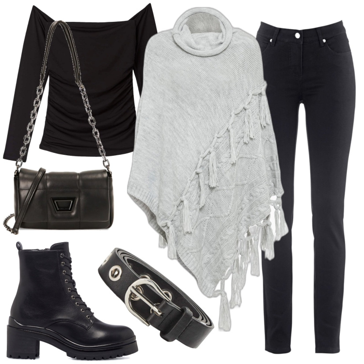 Outfit donna - Il poncho con le frange. Stile Basic per Tutti i giorni. Abbinamento con jeans dritti, cappotti, t-shirt, cinture, borse a tracolla, anfibi.