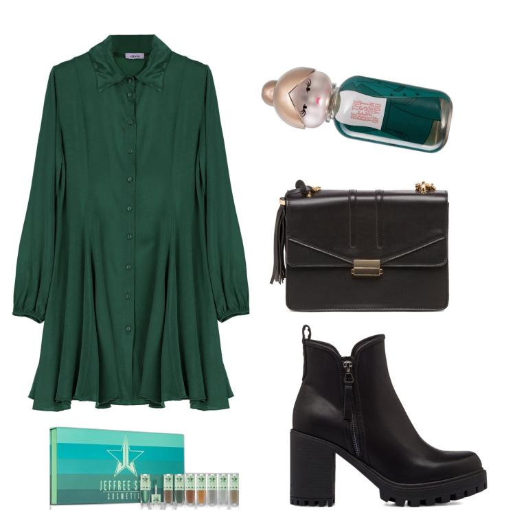 Outfit donna - Bambolina verde. Stile Glamour per Tutti i giorni. Abbinamento con profumi, rossetti, borse a tracolla, stivaletti, vestiti chemisier.