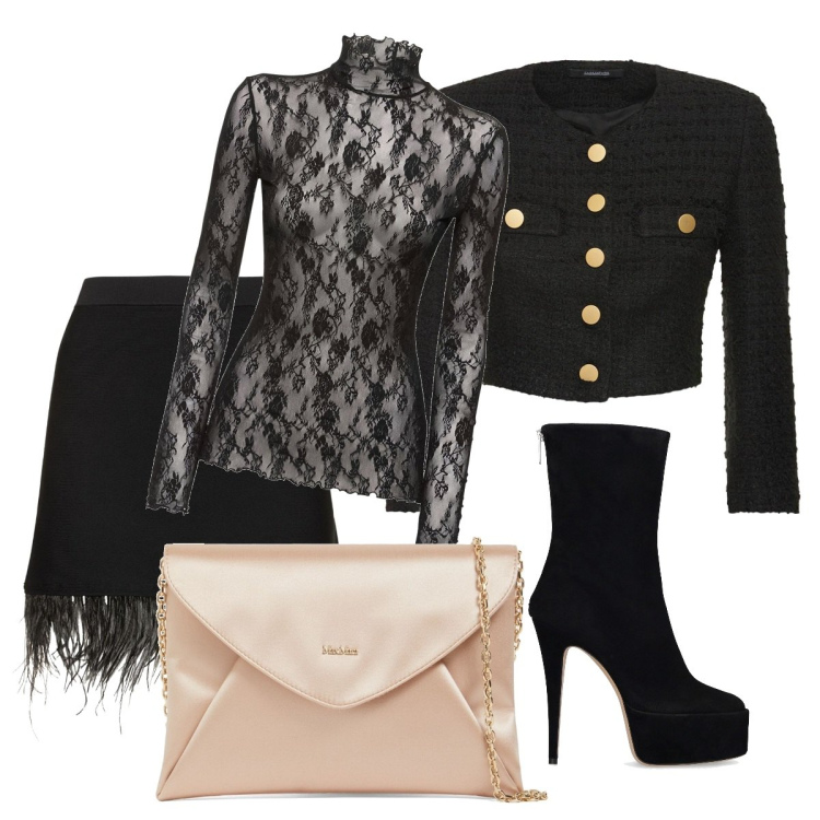 Outfit donna - Halloween party. Stile Glamour per Serata fuori. Abbinamento con giacche, pochette, minigonne, top, stivaletti.