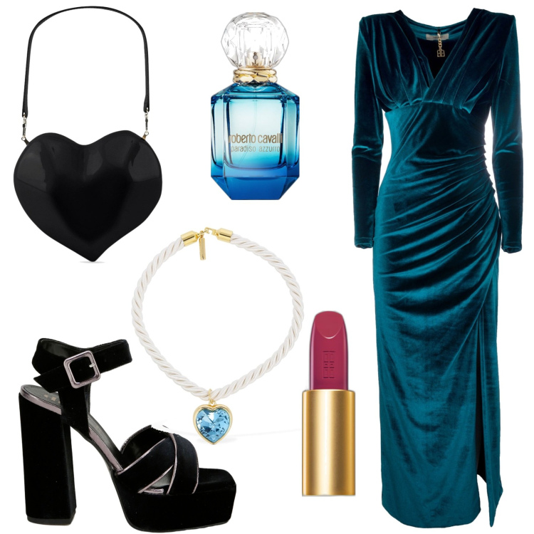 Outfit donna - Velvet real. Stile Glamour per Serata fuori. Abbinamento con rossetti, profumi, vestiti lunghi, décolleté, collane, borse a mano.