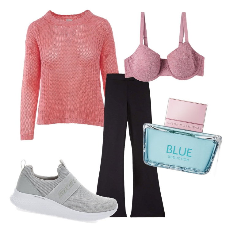 Outfit donna - Una serata casalinga con amici. Stile Casual per Serata fuori. Abbinamento con profumi, leggings, reggiseni a balconcino, sneakers, maglieria.