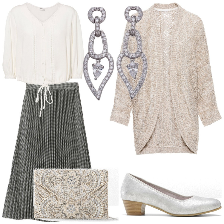 Outfit donna - Sera argento. Stile Chic per Serata fuori. Abbinamento con pochette, gonne lunghe, cardigans, camicie, gonne longuette, orecchini.