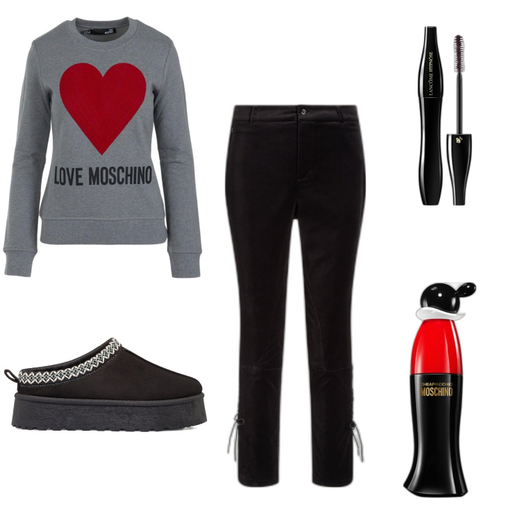 Outfit donna - La felpa con il cuore. Stile Casual per Tutti i giorni. Abbinamento con profumi, mascara, pantofole, pantaloni, felpe.