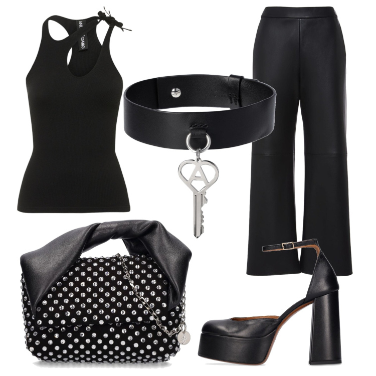 Outfit donna - Total look #1749014. Stile Rock per Serata fuori. Abbinamento con top, pantaloni, borse a mano, collane, décolleté.