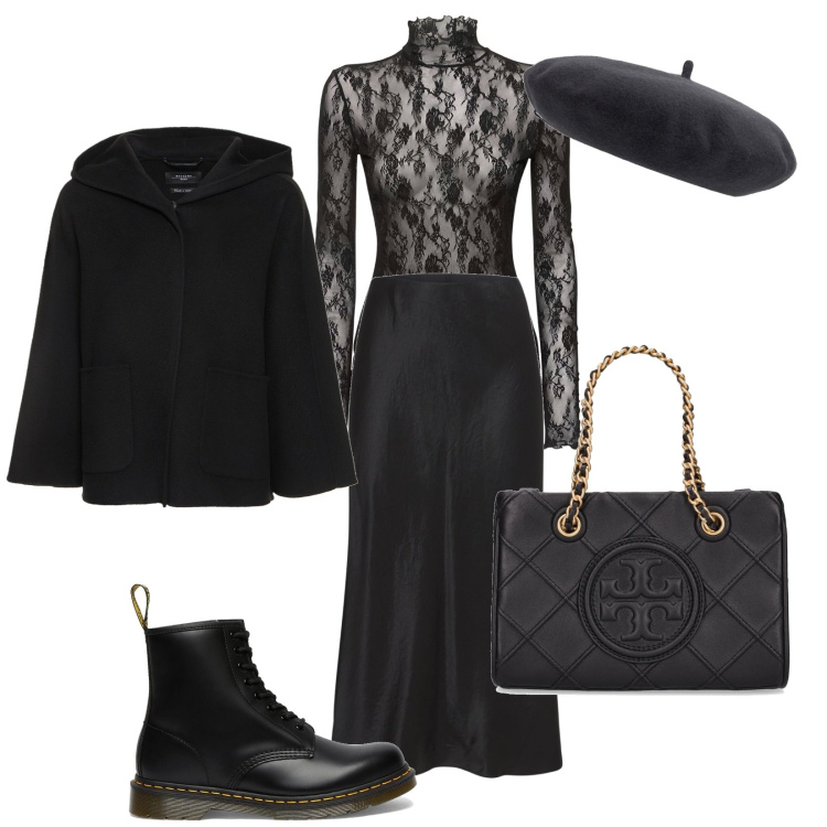 Outfit donna - Romantic Witch. Stile Romantica per Serata fuori. Abbinamento con cappotti, gonne longuette, top, stivali sopra il ginocchio, cappelli, borse a spalla.