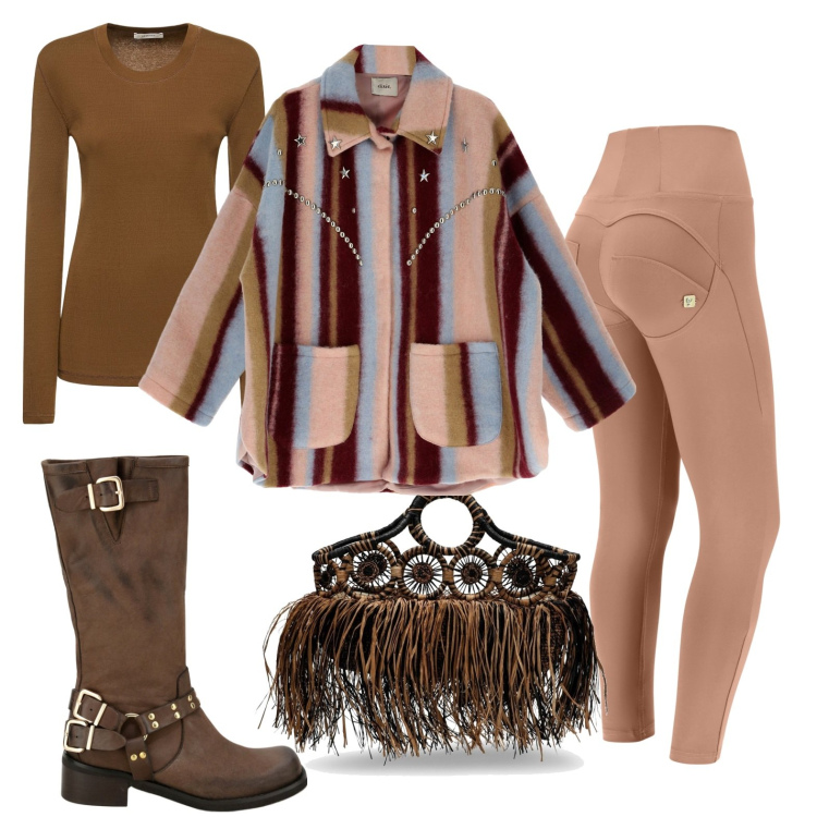 Outfit donna - Marrone per l\'autunno. Stile Casual chic per Serata fuori. Abbinamento con pantaloni skinny, giacche, stivali, borse a mano, t-shirt.
