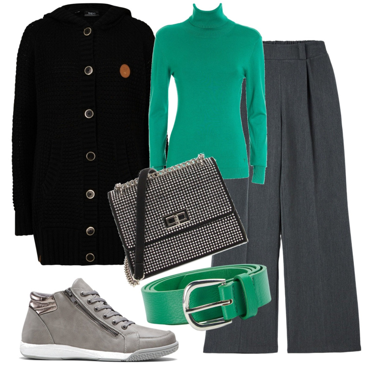 Outfit donna - Il cappotto - cardigan. Stile Casual per Tutti i giorni. Abbinamento con sneakers alte, cardigans, pantaloni, cinture, maglieria, borse a tracolla.