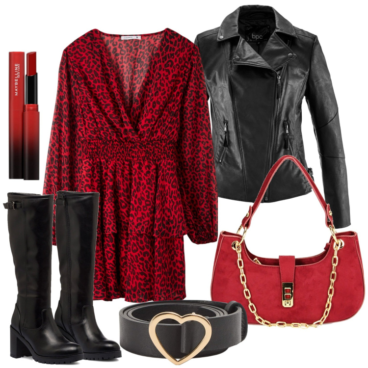 Outfit donna - Vestitino, stivale e giubotto biker. Stile Rock per Serata fuori. Abbinamento con blazer, rossetti, vestiti corti, cinture, borse a spalla, stivali sopra il ginocchio.
