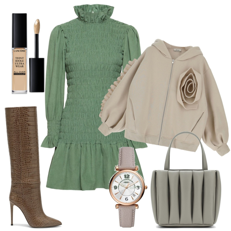 Outfit donna - La felpa. Stile Chic per Tutti i giorni. Abbinamento con correttori, felpe con cappuccio, borse tote, vestiti, stivali, orologi.