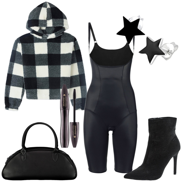 Outfit donna - Ballo sui tacchi. Stile Sexy per Serata fuori. Abbinamento con tute, mascara, stivaletti, felpe con cappuccio, orecchini, borse a spalla.