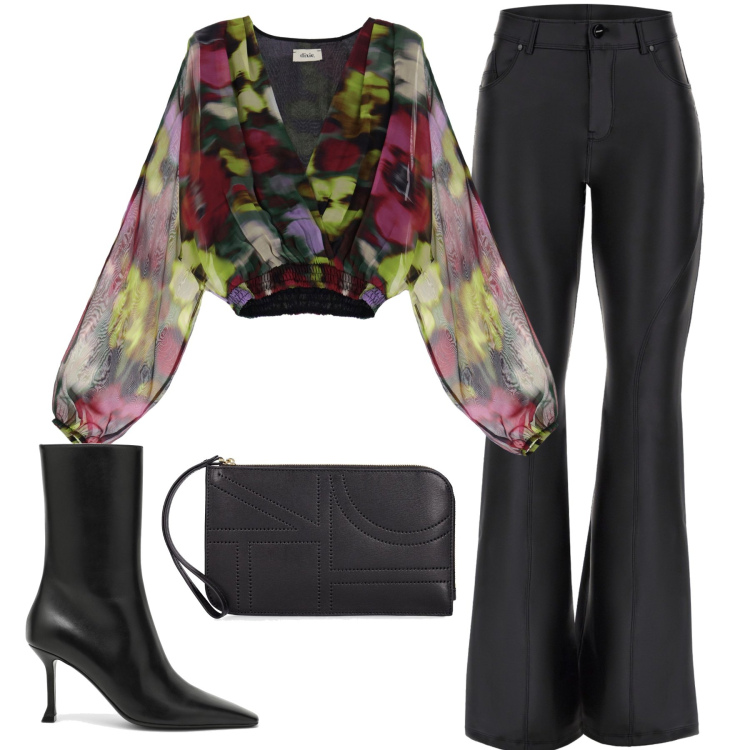 Outfit donna - Total look #1749303. Stile Sexy per Serata fuori. Abbinamento con camicie, pantaloni skinny, pochette, stivaletti.