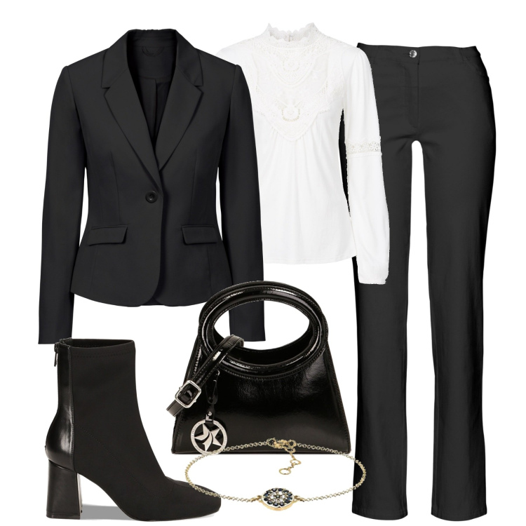 Outfit donna - In ufficio. Stile Chic per Ufficio. Abbinamento con pantaloni, blazer, maglieria, stivaletti, borse a spalla, braccialetti.