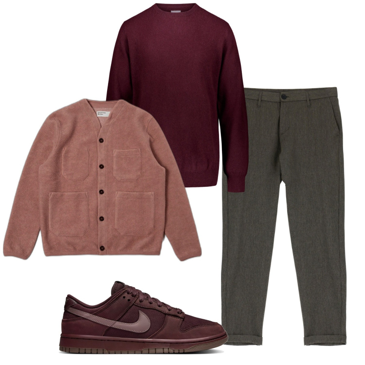 Outfit uomo - Il colore del mosto. Stile Trendy per Tutti i giorni. Abbinamento con pantaloni, cardigans, maglieria, sneakers.