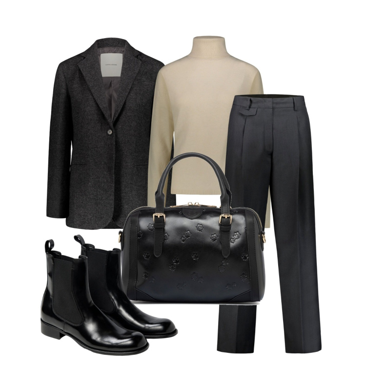 Outfit donna - Ghost outfitter - ottobre. Stile Mannish per Ufficio. Abbinamento con borse a mano, pantaloni, pullovers, blazer, stivaletti chelsea.